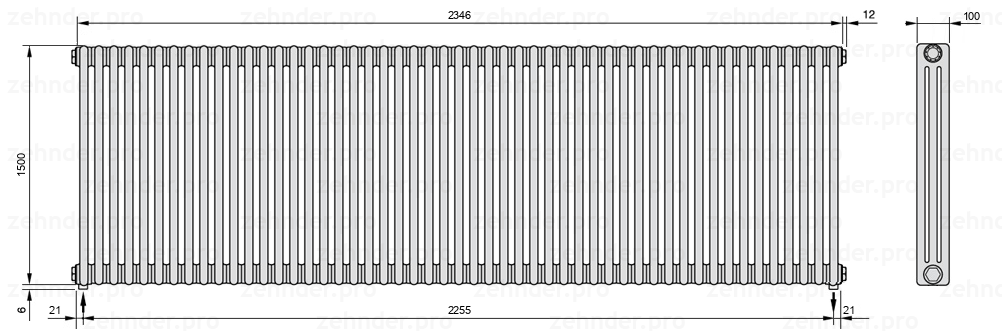 Схема (чертеж) Радиатор Zehnder Charleston 3150/51 №5310 Белый глянцевый RAL 9016